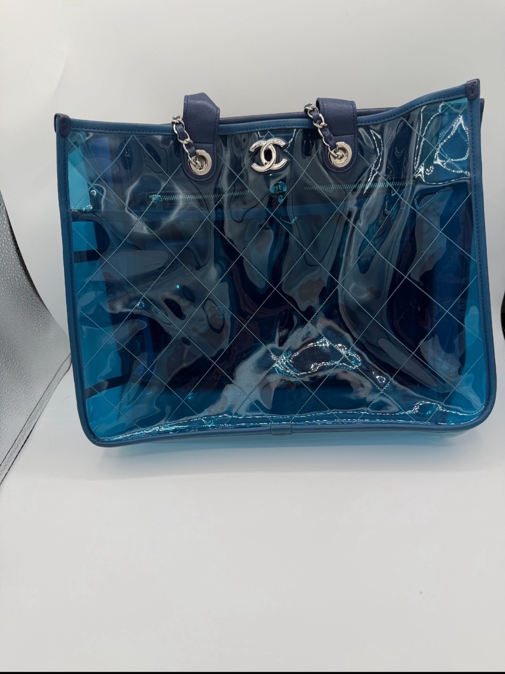 CHANEL Blue Quilted PVC Tote with Silver Chain CC